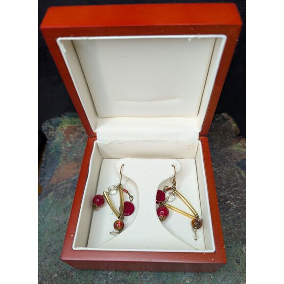 Jewelry - Red & Gold Bead Dangle Earrings – Gift Boxed, Vintage Look